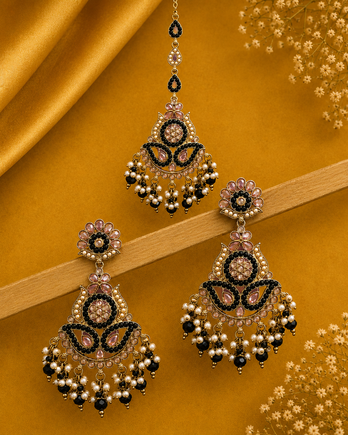 Pakistani Kundan Danglers with Maang Tikka Set